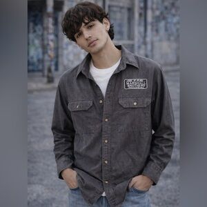 Carhartt Gray Button Up Work Shirt | Embroidered Logo | Cotton | Men’s M